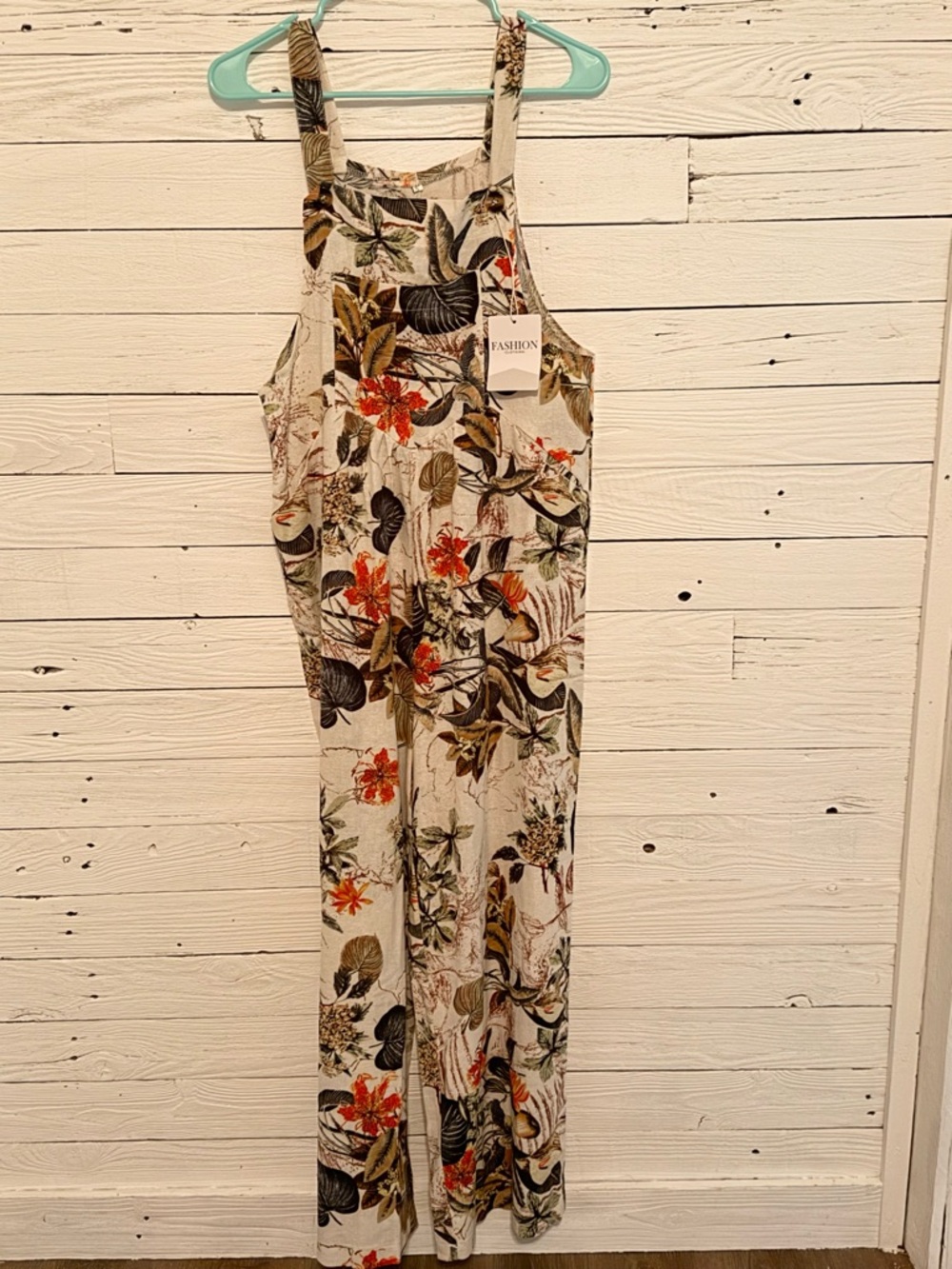 Floral Linen Blend Women's Jumpsuit - Cream with Orange & Green Print - Picture 6 of 6